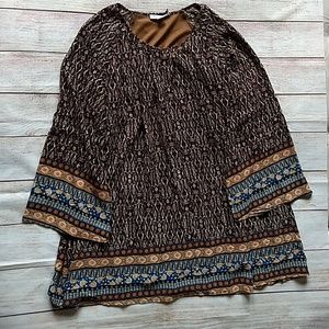 Brown boho dress, teal orange and cream accents